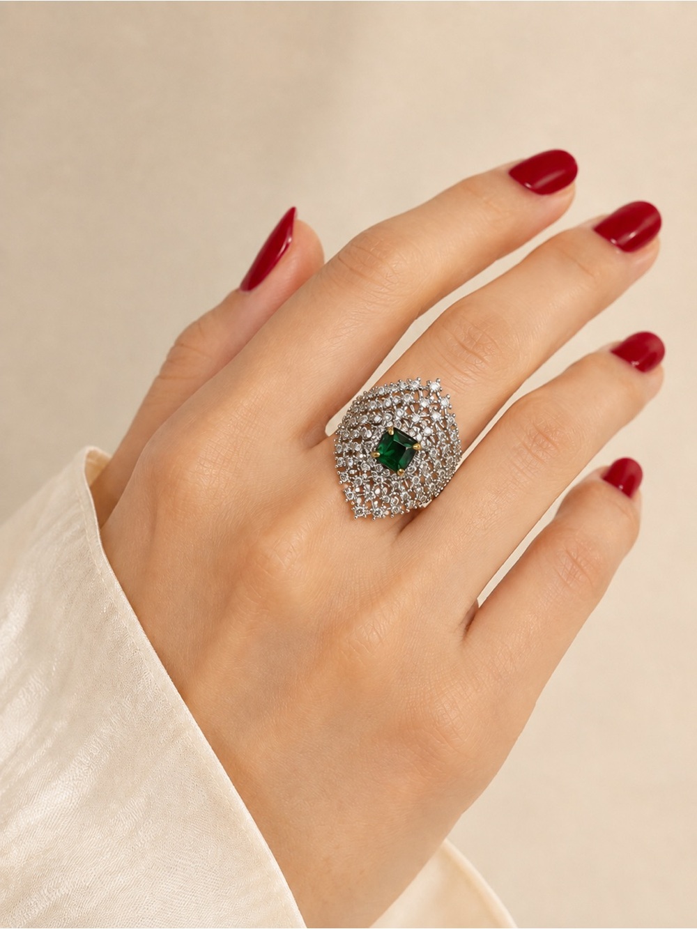 Vintage Royal Emerald Halo Statement Ring
